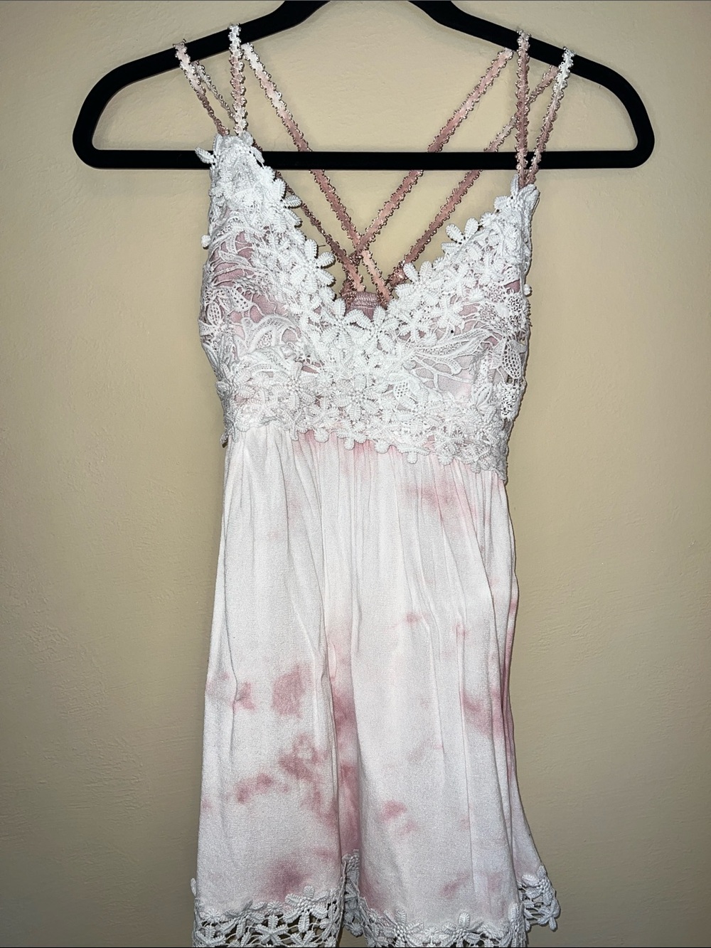 POL Pink Lace Tie-Dye Cami with Crisscross Straps
